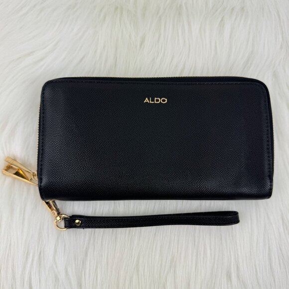 Women's ALDO Zip Around Wallet Purse Wristlet Faux Leather 8.5"x4.5"x1" Black - Picture 1 of 10